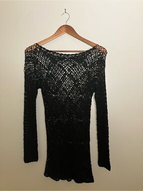 Women's Black Open-Weave Off-the-Shoulder Sweater